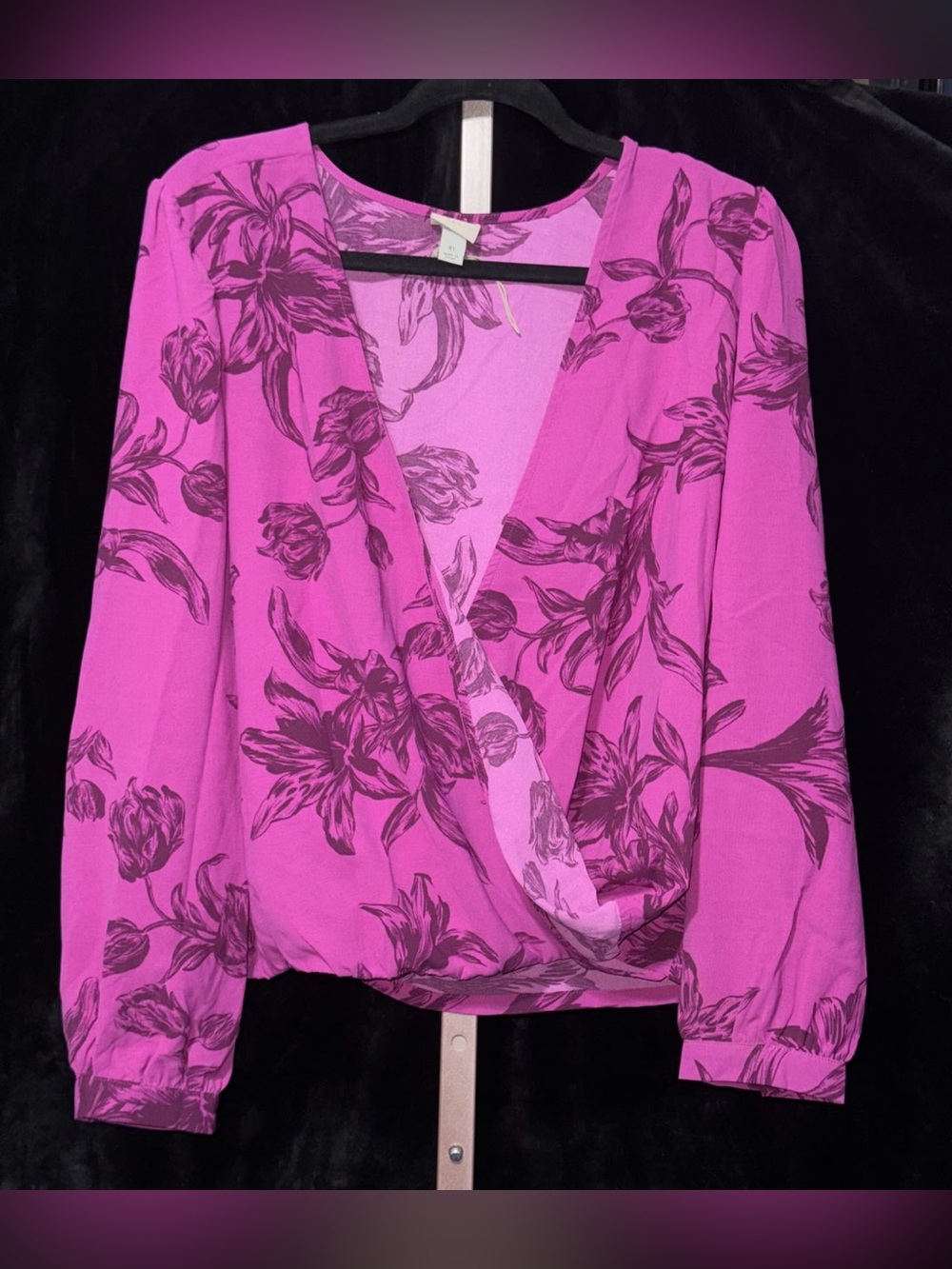 A New Day Target Women Blouse Shirt V Neck Wrap Long Sleeve Purple Floral